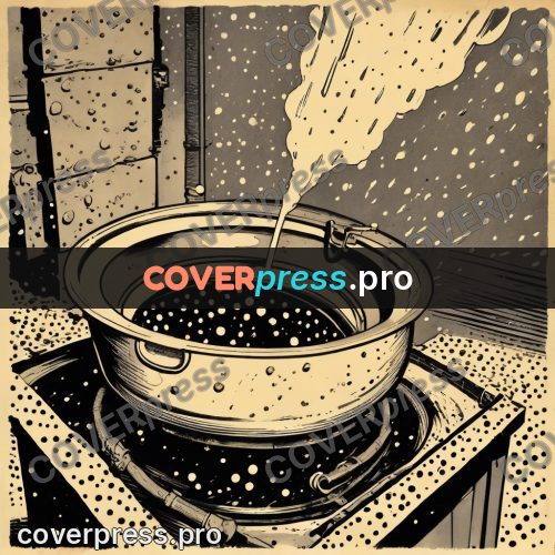 Vintage comic drawing: molten stream pouring into a bowl