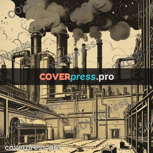 Vintage comic drawing: factory hall with pipes