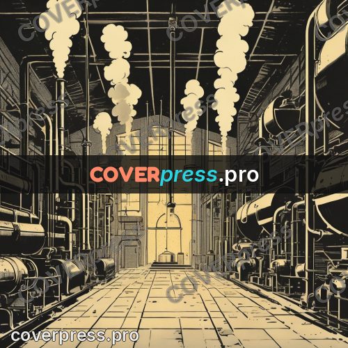 Vintage comic drawing: factory hall with pipes