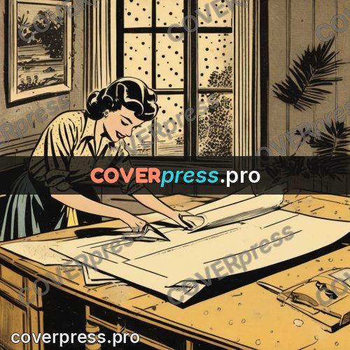 Vintage comic drawing: woman at a desk with papers