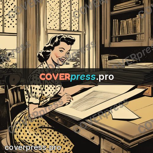 Vintage comic drawing: woman at a desk with papers