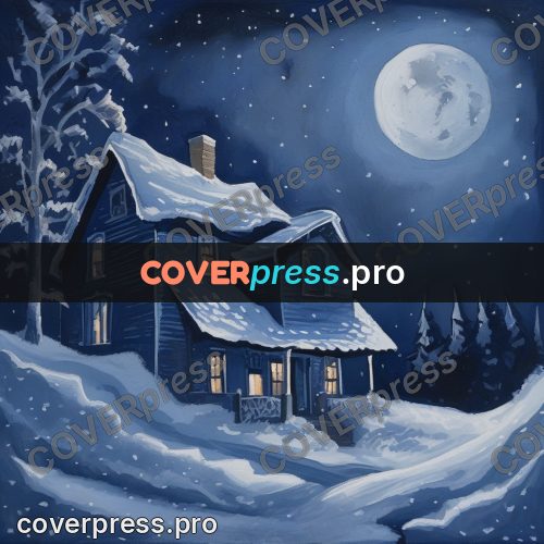 Gouache illustration: house in snow under the moon
