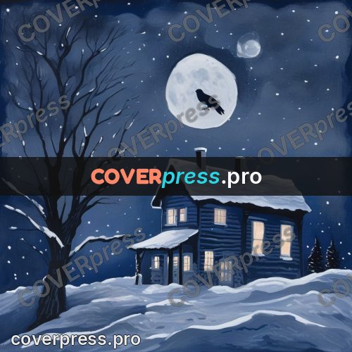 Gouache illustration: house in snow under the moon