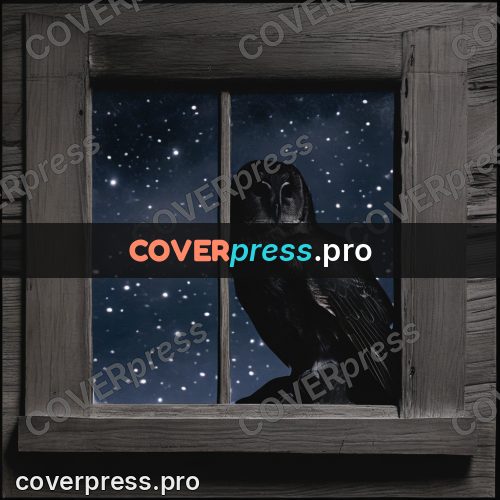 Gouache illustration: bird outside a window at night