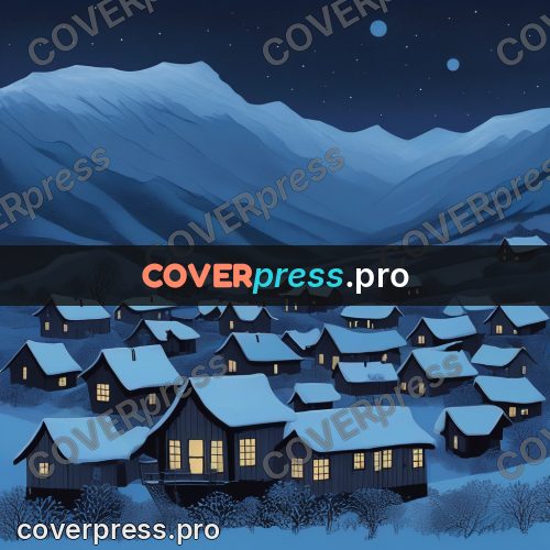 Gouache illustration: village in the snow at night