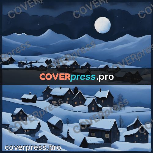 Gouache illustration: village in the snow at night
