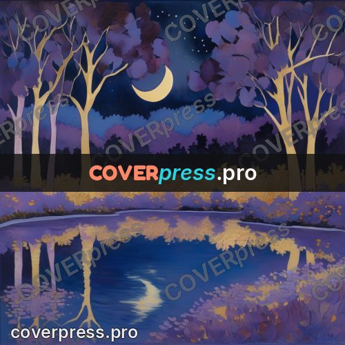 Gouache illustration: pond at night in moonlight