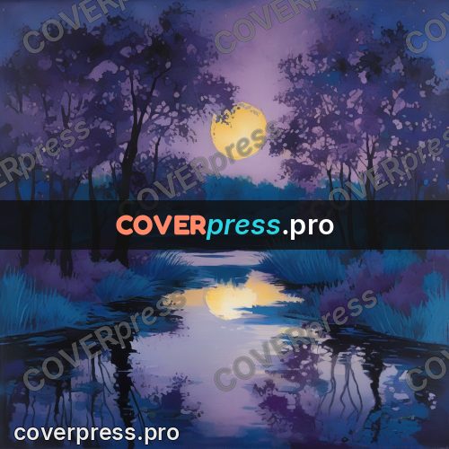 Gouache illustration: pond at night in moonlight