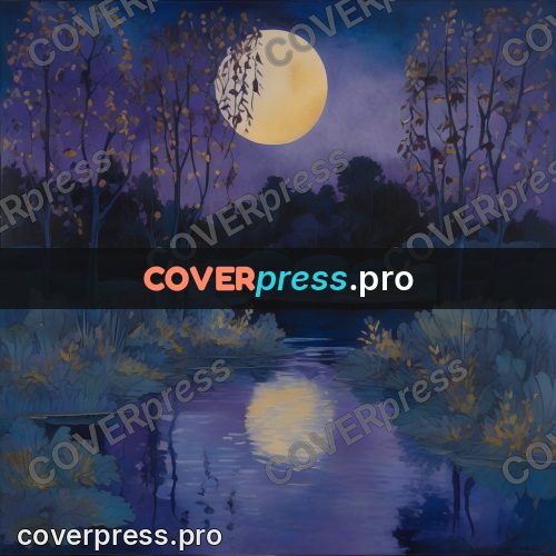 Gouache illustration: pond at night in moonlight