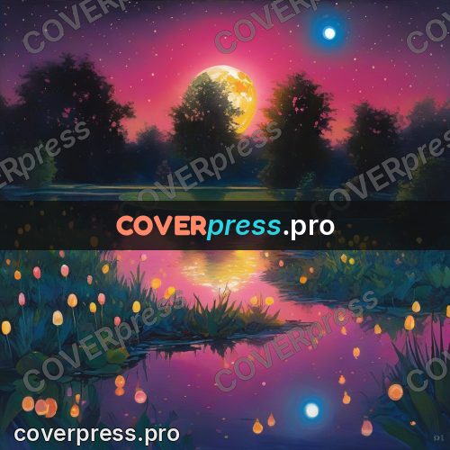 Gouache illustration: lights over a night pond