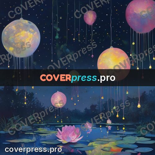 Gouache illustration: lights over a night pond