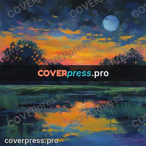 Gouache illustration: pond with reflections at dusk