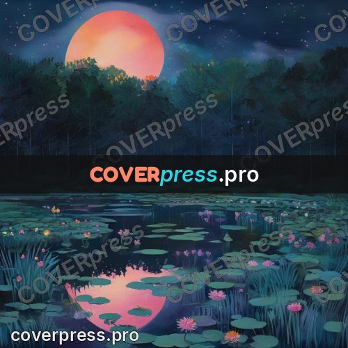 Gouache illustration: pond with reflections at dusk