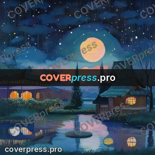 Gouache illustration: pond with reflections at dusk