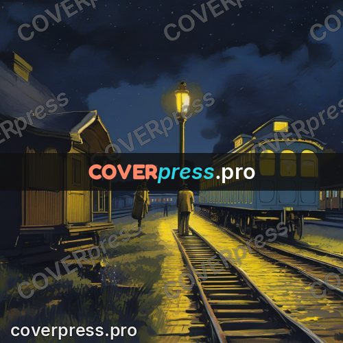 Gouache illustration: train at a platform