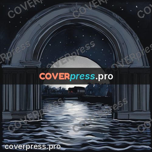 Gouache illustration: arched window with the moon