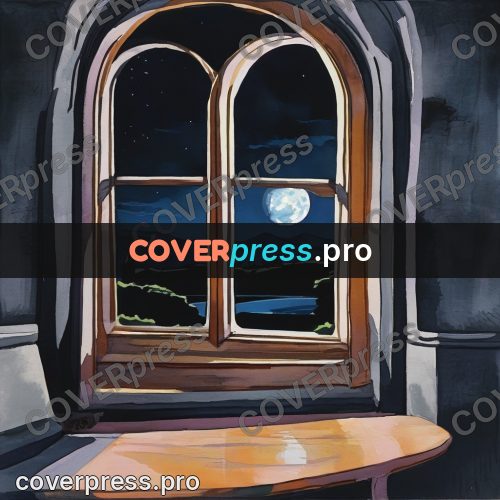 Gouache illustration: arched window with the moon