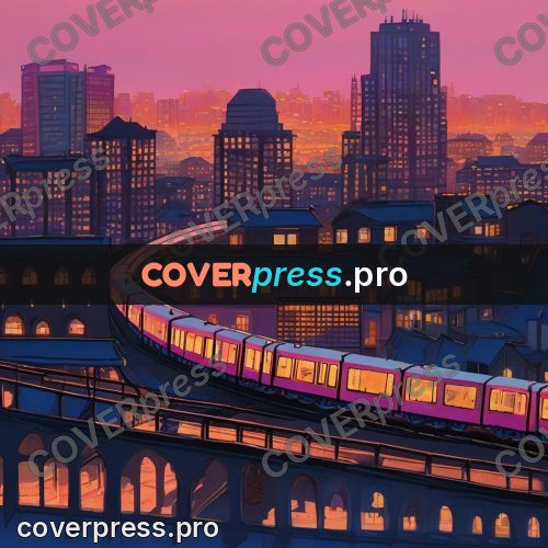 Gouache illustration: train in the city at dawn