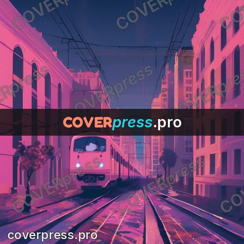 Gouache illustration: train in the city at dawn