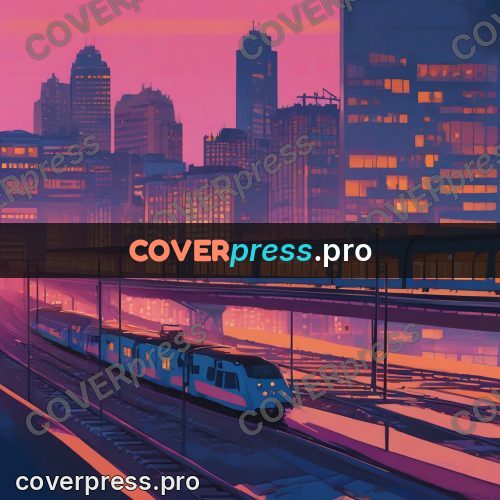 Gouache illustration: train in the city at dawn