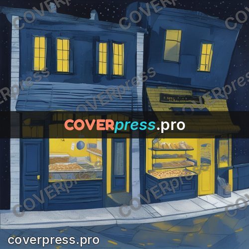 Gouache illustration: bakery window at night