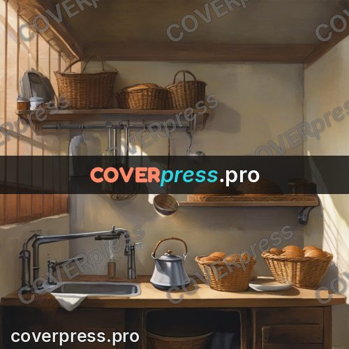 Gouache illustration: bread and baskets in a kitchen