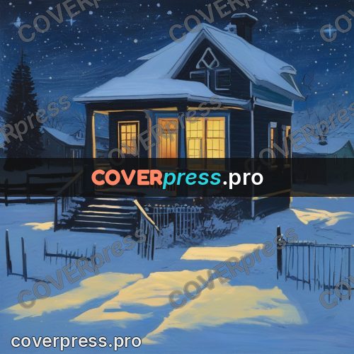 Gouache illustration: snowy house with lit windows