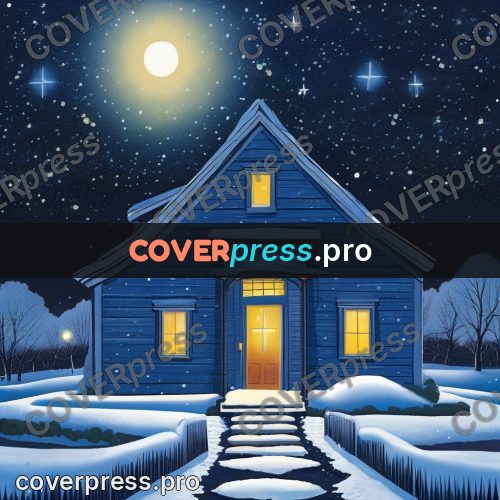 Gouache illustration: snowy house with lit windows