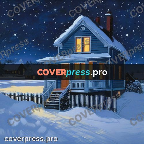 Gouache illustration: snowy house with lit windows