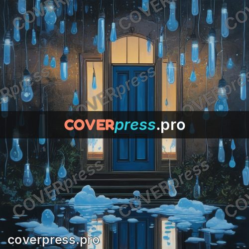 Gouache illustration: open door in a night yard
