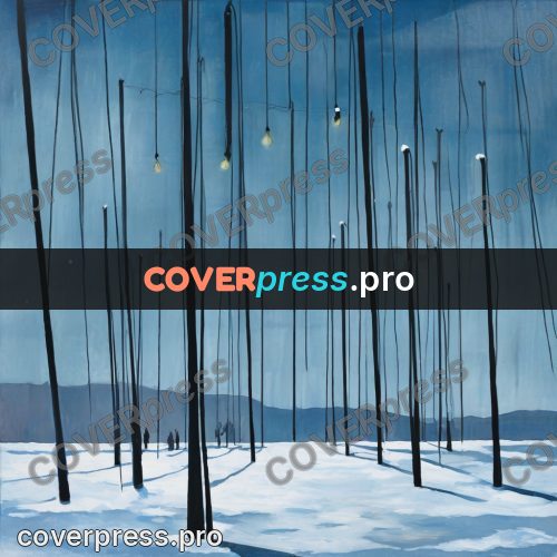 Gouache illustration: snowy field with poles