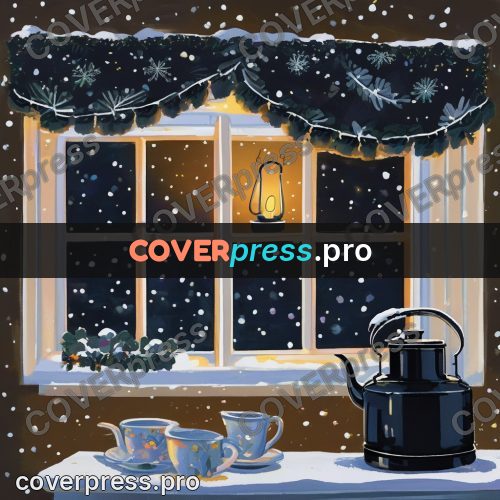 Gouache illustration: kettle on a windowsill in winter