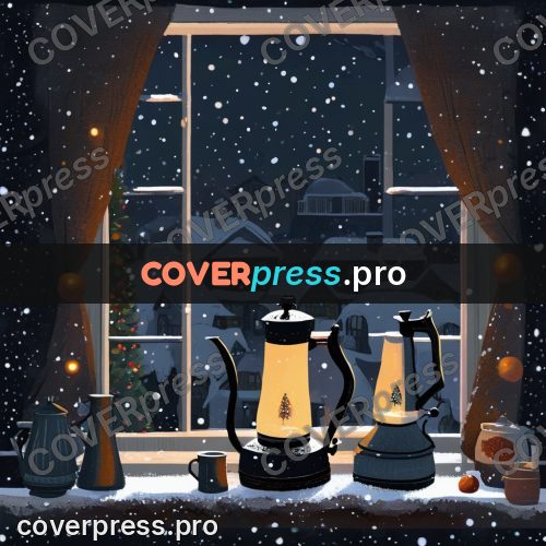 Gouache illustration: kettle on a windowsill in winter