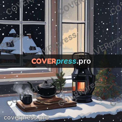 Gouache illustration: kettle on a windowsill in winter