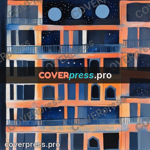 Gouache illustration: lit house windows at night