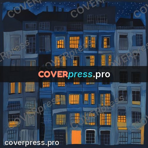 Gouache illustration: lit house windows at night