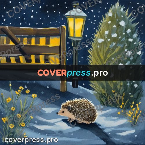 Gouache illustration: hedgehog in snow by a lamp