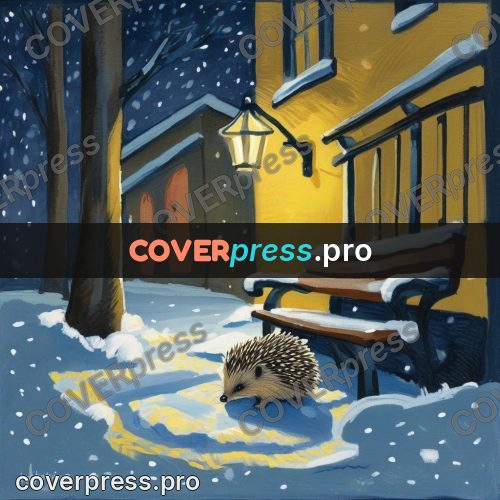 Gouache illustration: hedgehog in snow by a lamp