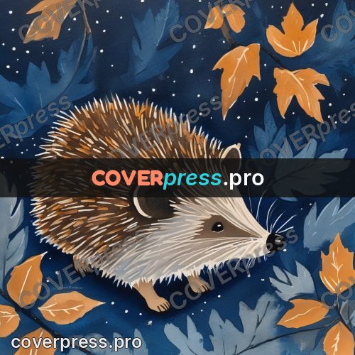 Gouache illustration: hedgehog among autumn leaves