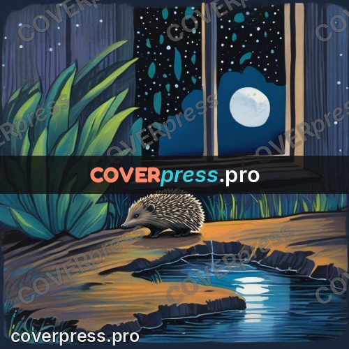 Gouache illustration: hedgehog drinking from a puddle