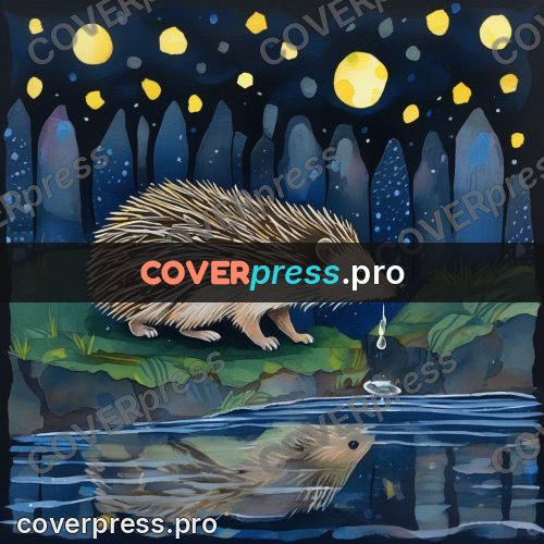 Gouache illustration: hedgehog drinking from a puddle