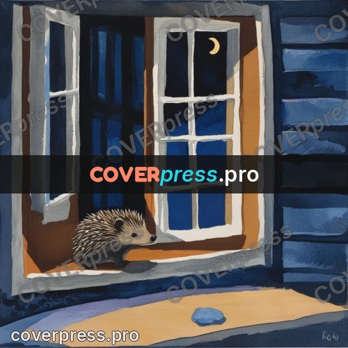 Gouache illustration: hedgehog by a window at night