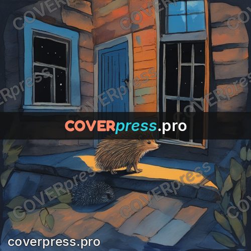 Gouache illustration: hedgehog by a window at night