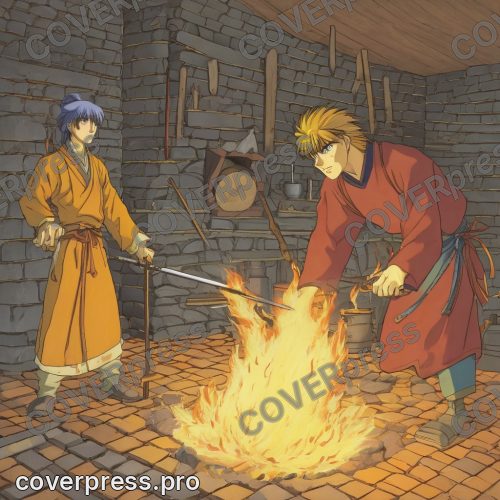Рисунок в стиле старого аниме: кузнец, наковальня и клинок