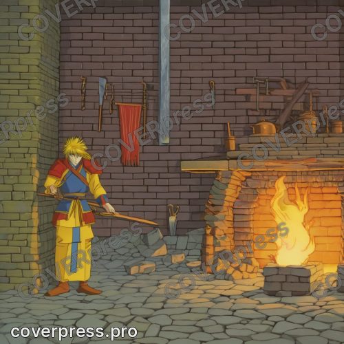 Рисунок в стиле старого аниме: кузнец, наковальня и клинок