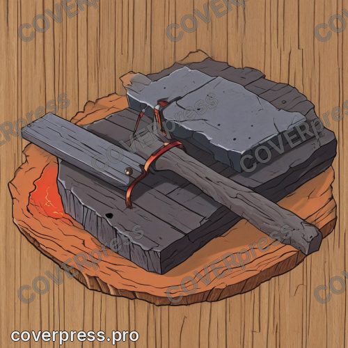 Рисунок в стиле старого аниме: кузнец, наковальня и клинок