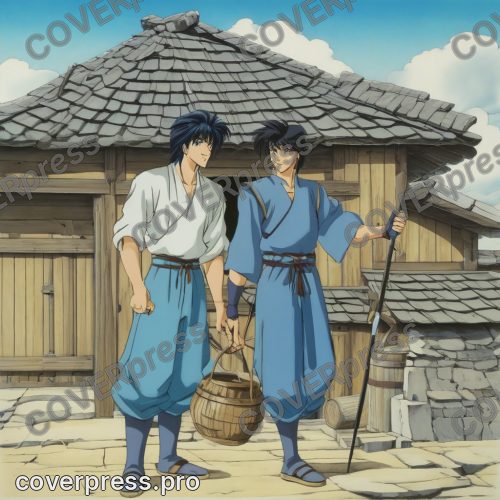 Рисунок в стиле старого аниме: кузнец, наковальня и клинок