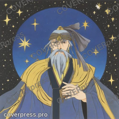 Рисунок в стиле старого аниме: звездочёт, комета и башня