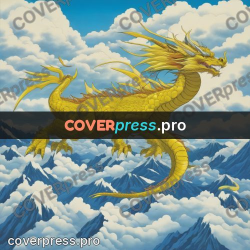 Old anime drawing: dragon in clouds above mountains