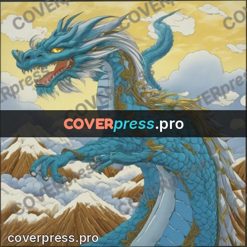 Old anime drawing: dragon in clouds above mountains
